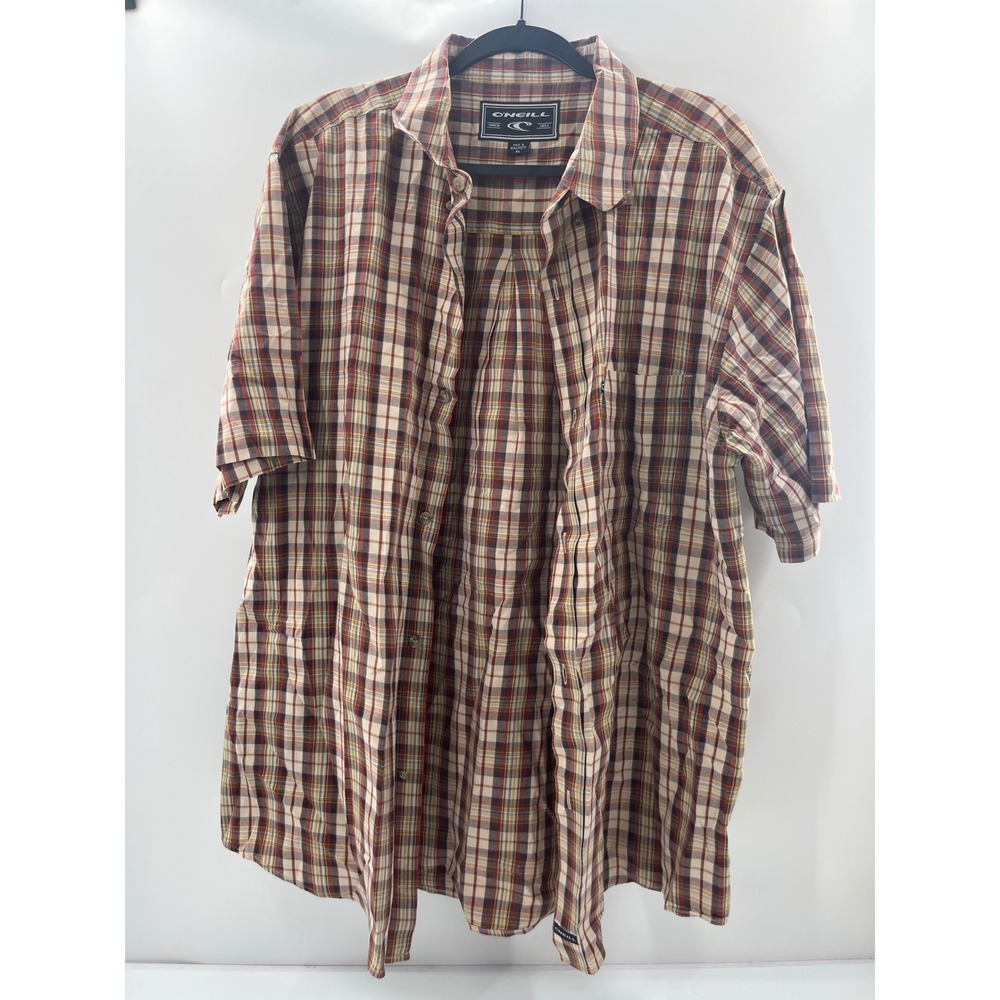 ONeill Mens XL Short Sleeve Plaid Button Down Shirt Tan Red Yellow Surf Casual